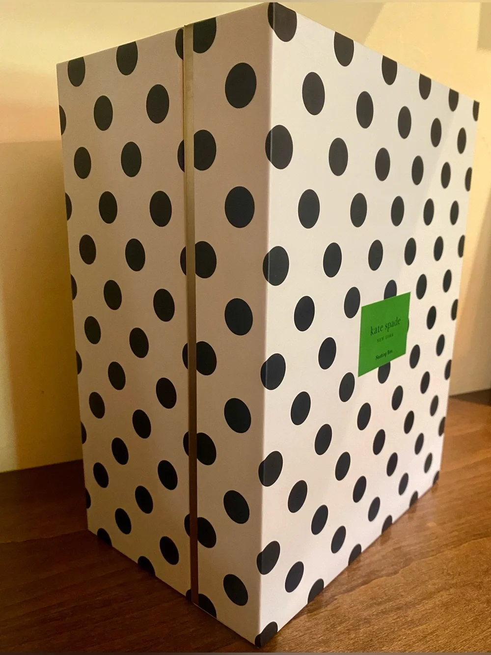 Kate Spade Black & White Polka Dot Nesting Storage Box, Gold Trim, Floral Inside